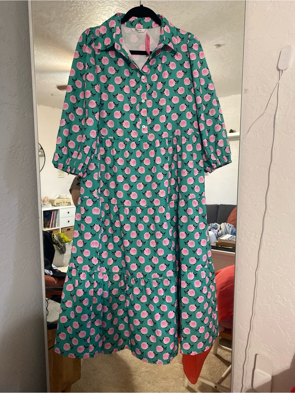 Romantic cottage-core Green floral tiered midi dress| Pink rose print | Garden